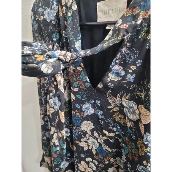 Moon River Mini Dress Tie Bow Neck Navy Allover Floral Print Womens XS - Picture 6 of 8